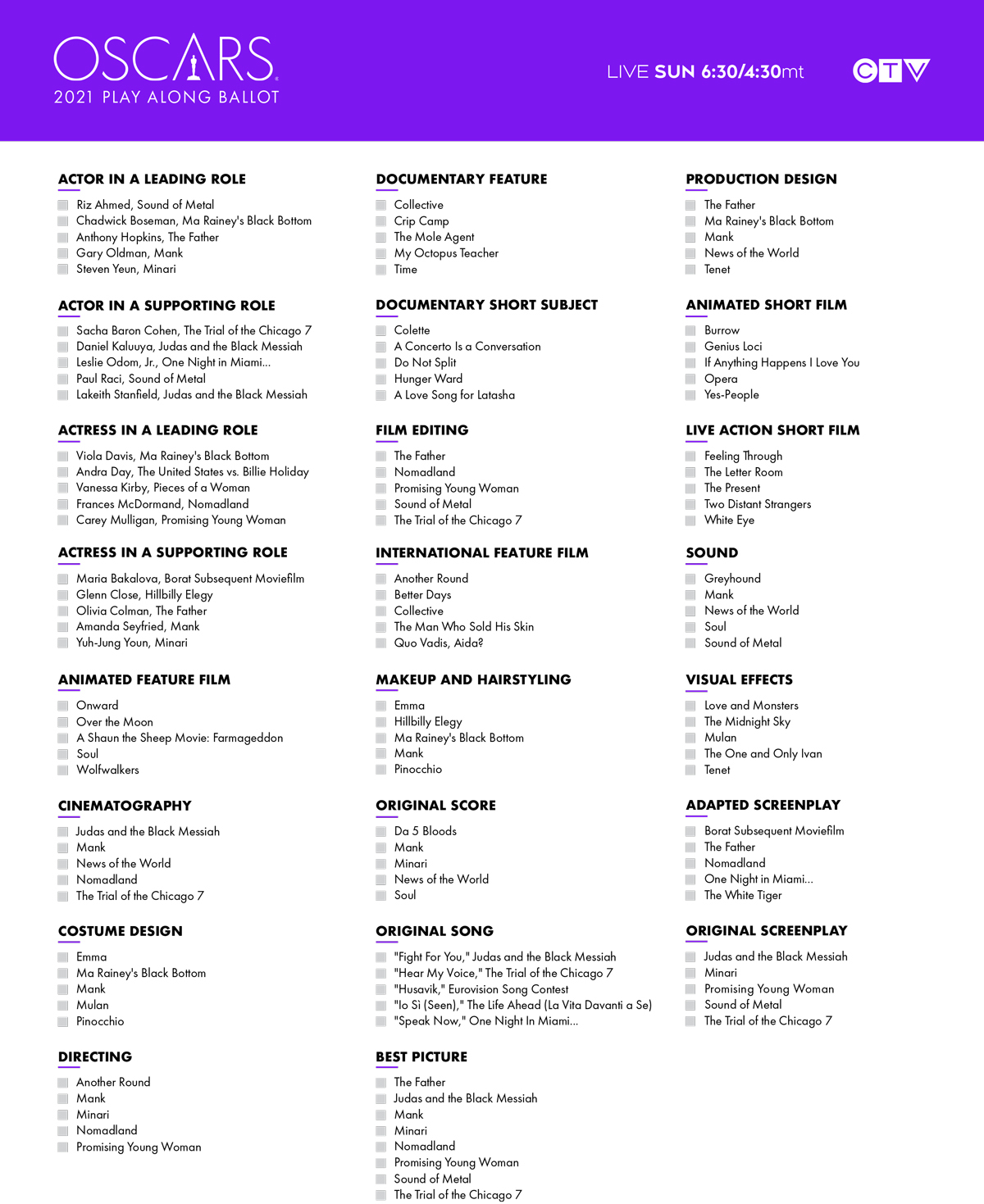 Oscar Ballot 2021: Printable Academy Awards Ballot For Your Oscar